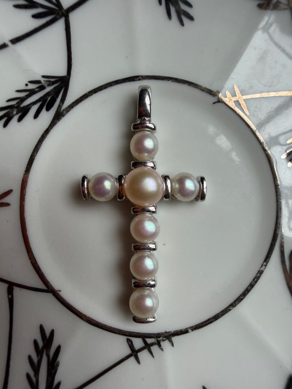 Pearl Cross Pendant - White and 925 Silver